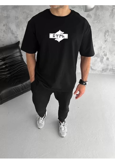 Yake Store Unisex Bisiklet Yaka Baskılı Double Oversize T-shirt - Siyah - Siyah