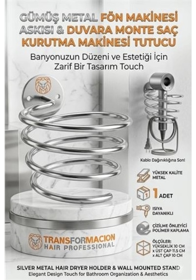 Gümüş Metal Fön Makinesi Askısı Duvara Monte Saç Kurutma Makinesi Tutucu 719681