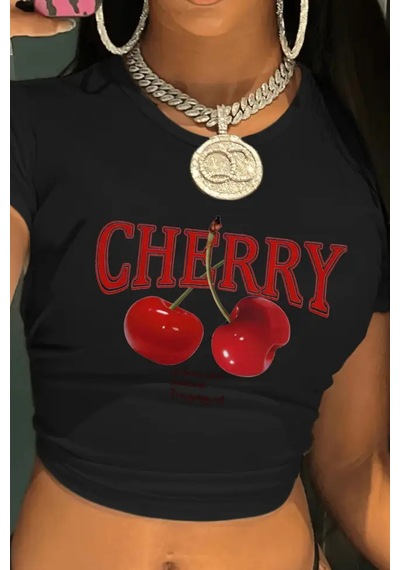 Cool Tarz Kadın Baskılı Crop Tişört - Cherry Desenli, Yazlık Kısa Kollu Bluz Siyah Siyah