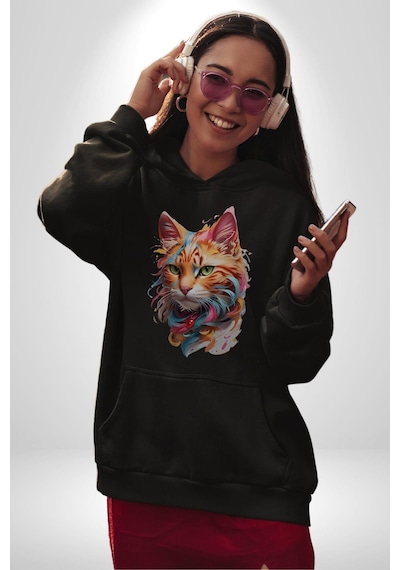 Hayvan Kedi Sanat Potre Kadın Erkek Siyah Kapüşonlu Sweatshirt Hoodie Siyah