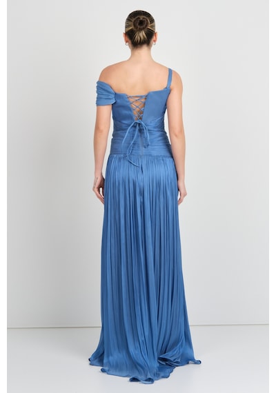 Mor Sposa Kadın Tek Kol Detaylı Derin Yırtmaçlı Şifon Abiye Elbise W0182 Indigo İndigo