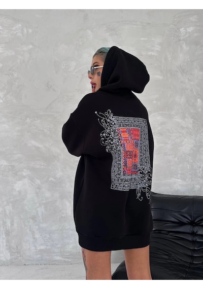 Uzun Kol Kapüşonlu Ön Ve Arka Baskılı Sweatshirt - Siyah - Siyah