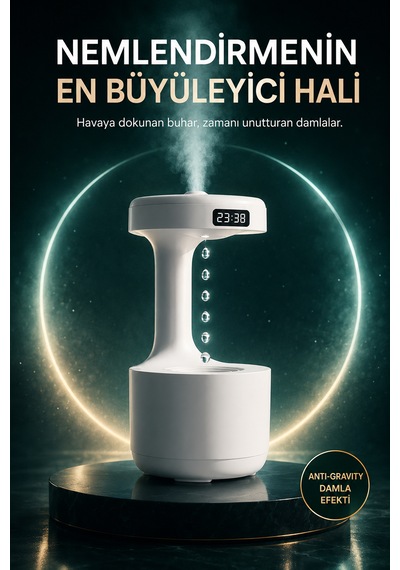 Anti Gravity Su Damlası Efektli Ultrasonik Hava Nemlendirici 600 Ml Dijital Ekran, Gece Işığı Ve Usb Kullanım