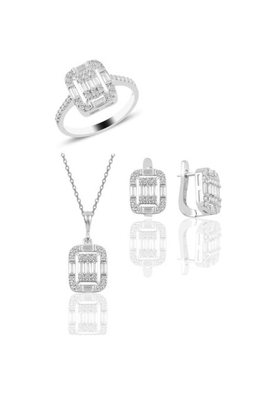 Gümüş Rodyumlu Gümüş Baget Taşlı Üçlü Set (535071243)