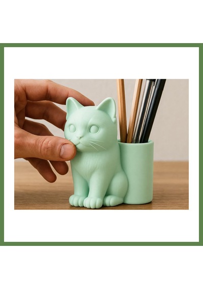 Bezos 3d Baskı Kedi Figürlü Kalemlik - Masaüstü Organizer - Mint Hb006 Mint Yeşili