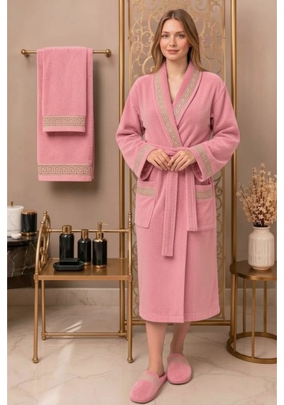 Premium %100 Pamuk Unisex Şalyaka Cepli Bornoz Seti 4 Parça Havlu Terlik Takımı Pembe Pembe
