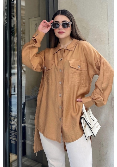 WeShaya Kadın Taba Balon Kol, Pileli, Yırtmaçlı, Oversize, Keten Tunik Gömlek Bej WeShaya Kadın Taba Balon Kol, Pileli, Yırtmaçlı, Oversize, Keten Tunik Gömlek Bej