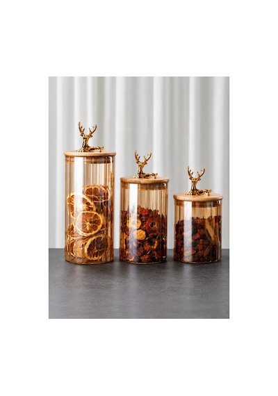 3'lü Bambu Geyik Kapaklı Vakumlu Borosilikat Set Cam 1100ml-950ml-780ml Bordo