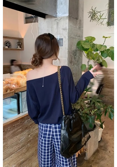 Cool Tarz Lacivert Kadın Düşük Omuz Kayık Yaka Oversize Uzun Kollu T-shirt Lacivert Lacivert