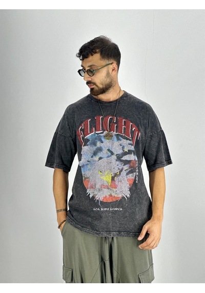 Cocopelli Erkek Yıkamalı Kumaş Baskılı T-shirt Coc2217 Siyah