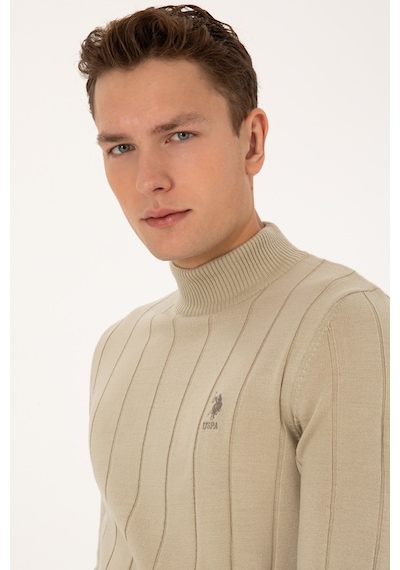 U.S. Polo Assn. Erkek Slim Fit Boğazlı Yaka Açık Haki Kazak 50315019-VR183