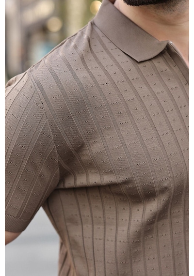 Açık Kahverengi Polo Yaka Slim Fit Triko Erkek Tişört E7465 Açık Kahverengi