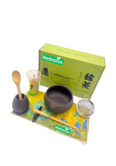Herbarius 8 Parça Dokulu Mat Siyah Renk Matcha Çayı Hazırlama Seti - Geleneksel Japon Matcha Seti