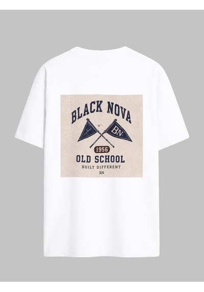 Black Nova Oversize Baskılı Unisex Tişört Old School Beyaz