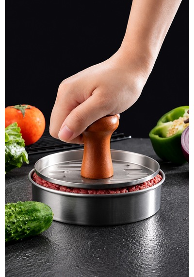 Hamburger Köfte Presi - Hamburger Press - Köfte Şekillendirici - Ahşap Saplı - Profesyonel Paslanmaz Çelik Krom