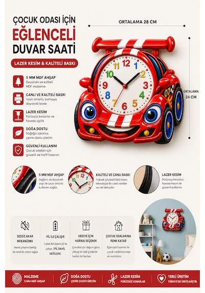 Çocuk Odası 3d Yarış Arabası Tasarımlı Ahşap Duvar Saati Renkli Eğitici Dekoratif Saat