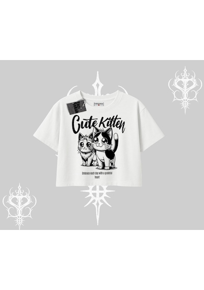 Tarzsokak Cute Kitten Yazılı Sevimli Kedi Baskılı Oversize Crop Tshirt Beyaz