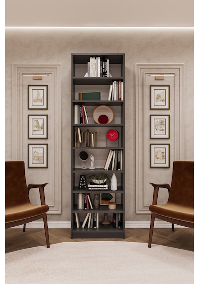 Asra Trend K-08 %100 MDF 60 cm 7 Raflı Kitaplık Ofis Dosya Rafı Kütüphane Koyu Gri