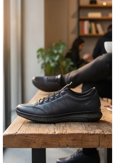 Enoch Hakiki Deri Lacivert Zikzak Dikişli Erkek Sneaker Ayakkabı Ortopedik Taban Lacivert