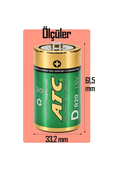Atc 2li Büyük Boy Pil R20 D-size Pil D Boy Pil Oyuncak Pili Çinko Karbon Pil Zn-c 1.5 V