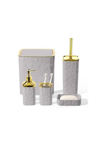 Makri Home 5 Parça Banyo Seti, Kalp Desenli, Gri Gold, Kare, Click Kapaklı, Hacim: 8 Litre Altın - Gri