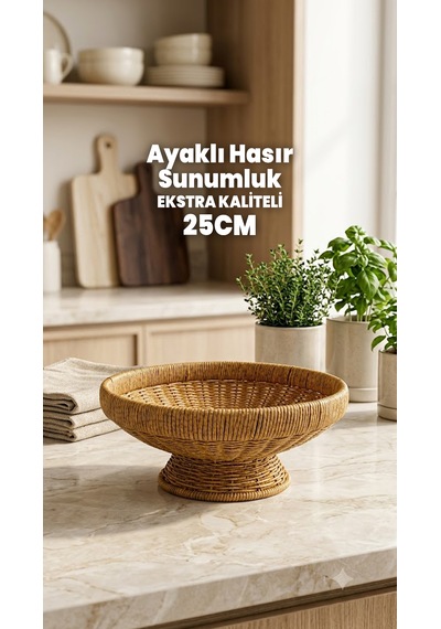 25cm Ayaklı Sunumluk - Dekoratif Meyvelik Çerezlik - Rattan Kase Tabak Sepet - Ekstra Kaliteli Çelik Hasır 25 X 11