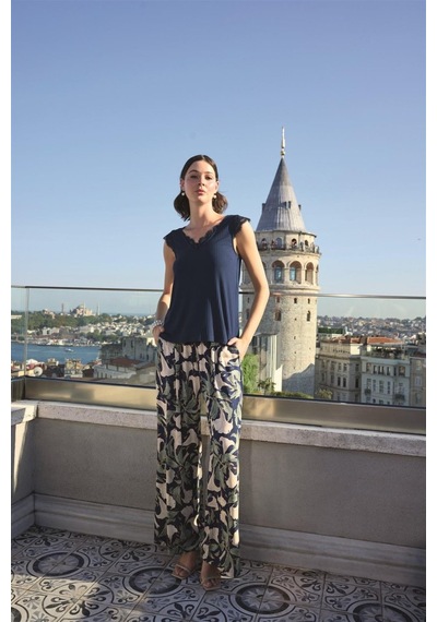 İkikareshop Yaprak Desenli Ve Dantelli 3lü Pijama Takımı Çok Renkli