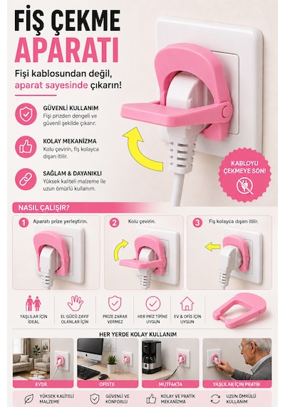 3d Baskı Fiş Çekme Aparatı Kolay Fiş Çıkarma Yardımcısı Ergonomik Priz Aparatı - Pembe