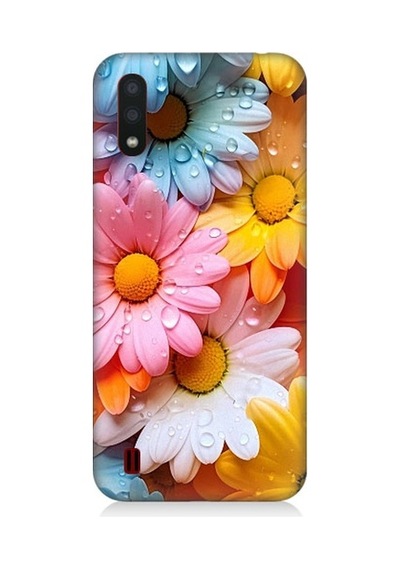 Samsung Galaxy A01 Uyumlu Renkli Çiçekler Damlacık Desenli Silikon Kılıf