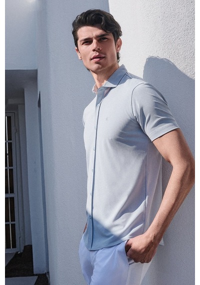 İmza İtalyan Yaka Kısa Kol Cepsiz Slim Fit Esnek Gömlek 1004260159 Mavi
