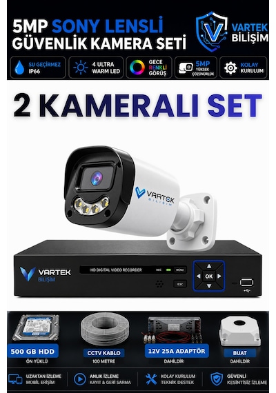 2 Kameralı 500gb-5mp Gece Renkli Gülen Yüz 1080p Fullhd Kamera Set-su Gecirmez-sabit İp Gerektirmez