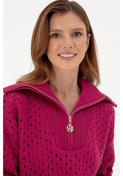 U.S. Polo Assn. Kadın Fuşya V Yaka Fermuarlı Kazak 50293113-VR023