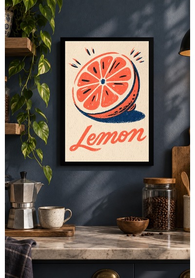 Limon Tipografisi Desenli Dekoratif Mdf Tablo, Çerçeve Görünümlü Ahşap Poster