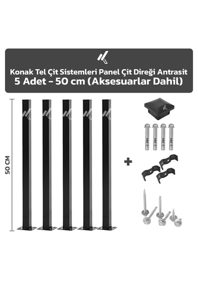 5 Adet Panel Çit Direği 50 CM Antrasit + Aksesuarlar