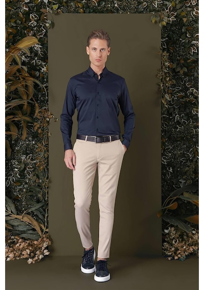 Efor Slim Fit Düğmeli Yaka Esnek Pamuk Klasik Lacivert Gömlek Gk 708 Lacivert