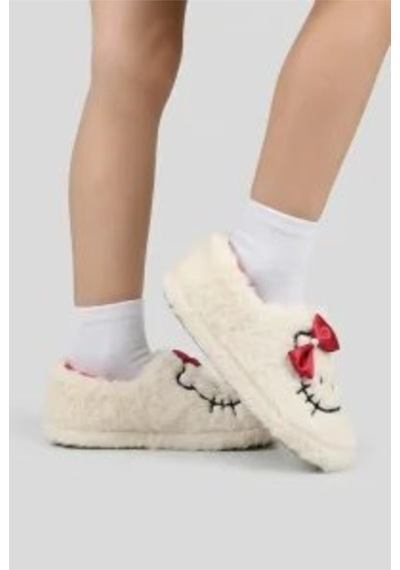 Modafocus Kız Çocuk Kedi Figürlü Peluş Panduf - Beyaz Beyaz