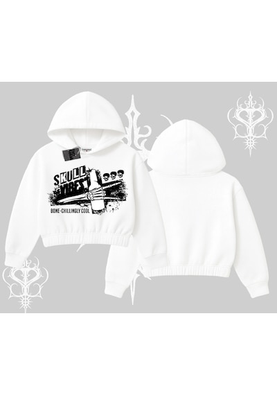 Startmore Kapşonlu Crop Sweatshirt Skull Impact Bone Chilling Street Icon Beyaz