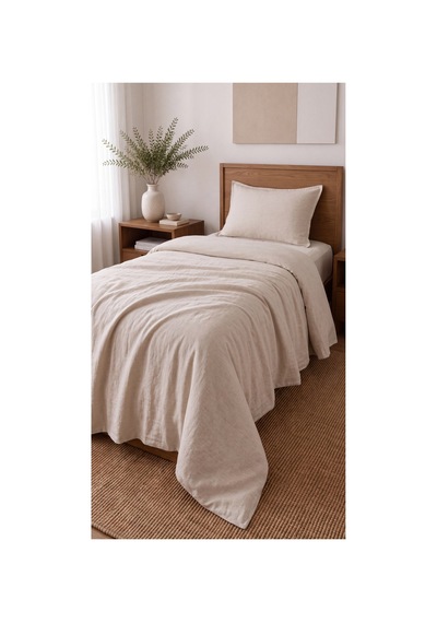 %100 Pamuk Keten Tek Kişilik Nevresim Takımı Lastikli Çarşaflı 160x200 Cm Ekru - 904795714 Ekru