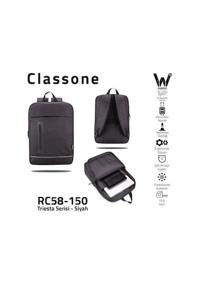 Classone RC58-150 Triesta Serisi 15.6" Notebook Sırt Çantası Siyah