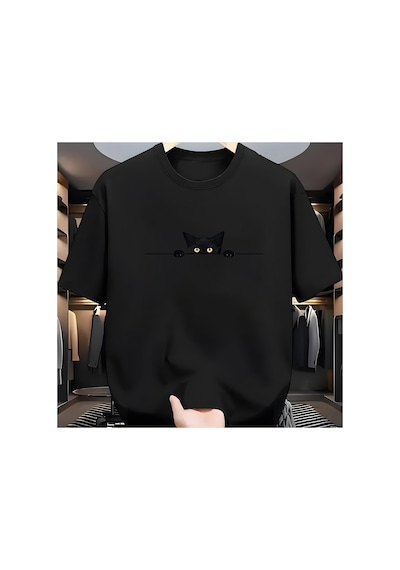 Caddemia Yaz Moda Rahat Gevşek Büyük Sevimli Kedi Desen Baskılı Yuvarlak Yaka Kısa Siyah 2XL