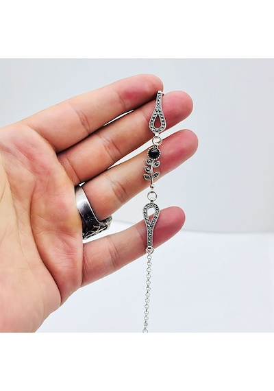 Gül Model Oltu Taşı İşçilikli 925 Ayar Gümüş Bileklik Siyah
