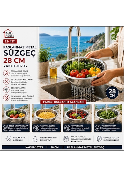 28cm Kulpsuz Paslanmaz Metal Sepet Süzgeç 5468 Renkli