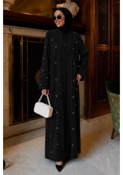 Nazzain İnci Ve Taş İşlemeli Abaya Siyah Çok Renkli