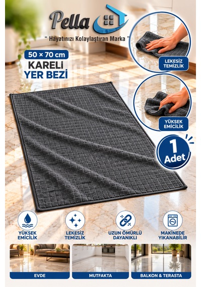 Premium Kareli Yer Bezi 50x70 Cm Büyük Boy Yüksek Emici 1 Adet Gri