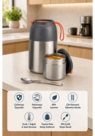 450 Ml Paslanmaz Çelik Sızdırmaz Termos Yemek Taşıma Kabı / Sefer Tası Beslenme Kutusu Çelik Rengi