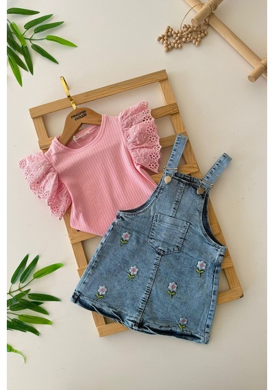 Miniğimin Cicileri Çiçek İşlemeli Kot Salopetli Kız Çocuk Takım - Pembe Pembe-78581