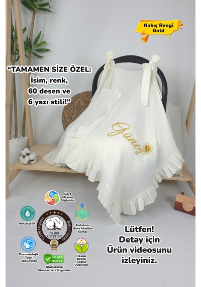 Gros Shop Müslin Yeni Doğan 4katlı Organik %100pamuk Kişiye Özgü Nakışlı Hastane Çıkış Seti Güneş Model-2 Ekru-3