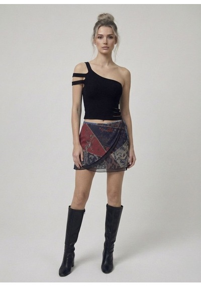 Neden Tekstil Asimetrik Tek Omuz Triko Crop Bluz - Siyah