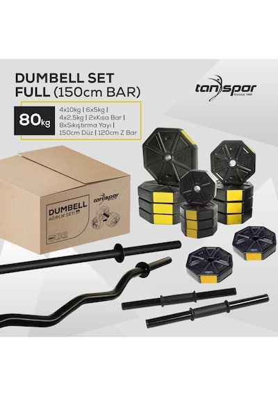 Tanspor 80 KG Dambıl Halter Full Kısa Bar + Z Bar + Düz Bar Seti Kırmızı Kapaklı