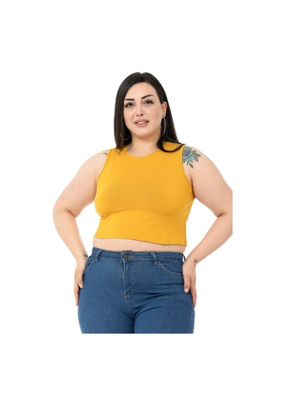 Disentis Büyük Beden Bisiklet Yaka Kolsuz Crop Viskon Hardal Body-hardal Hardal